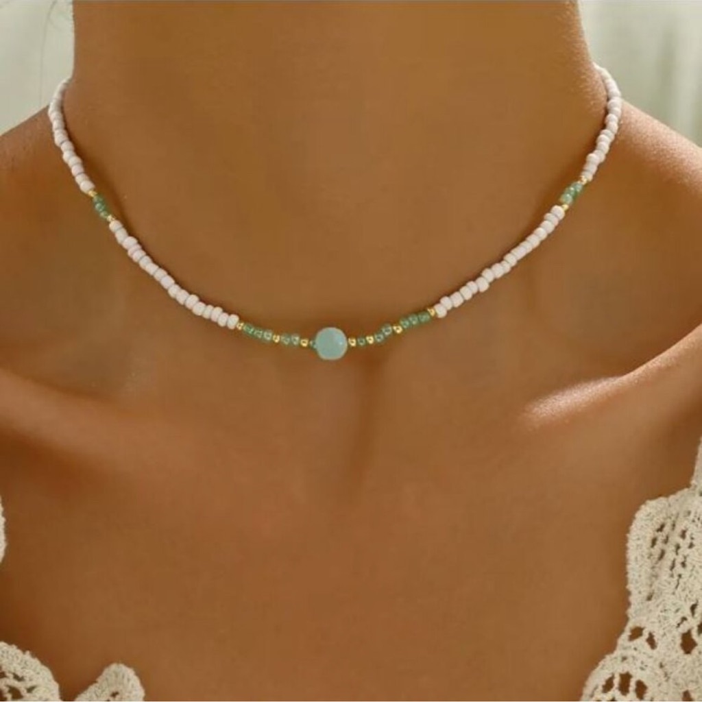 New 18k Gold Plated Jade Green And White Seed Beaded Necklace 39$